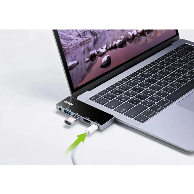 ATEN Dock; USB-C 5-in-1 Travel Dock with Power Pass-Through - 1 x audio port; 2 x USB Type-A port...