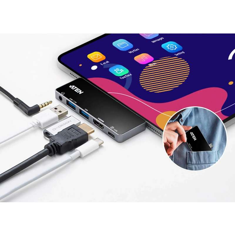 ATEN Dock; USB-C 5-in-1 Travel Dock with Power Pass-Through - 1 x audio port; 2 x USB Type-A port...