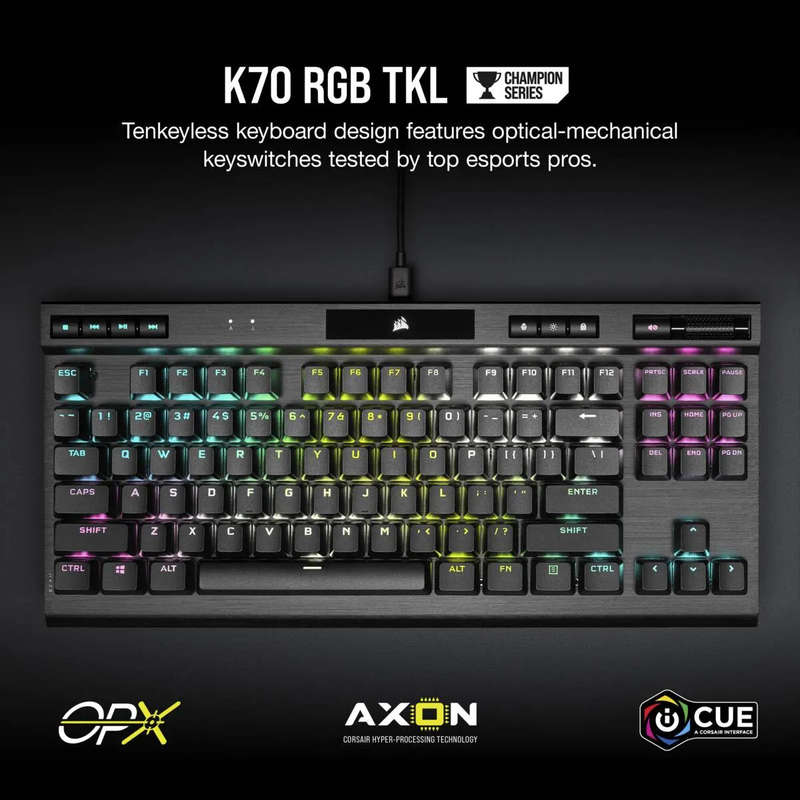 Corsair K70 RGB TKL Optical-Mechanical Gaming Keyboard; Backlit RGB LED; CORSAIR OPX Keyswitches;...