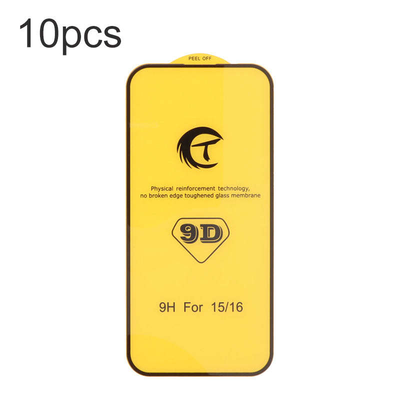 10Pcs 9D Full Screen Tempered Glass Screen Protector for iPhone 16 Black