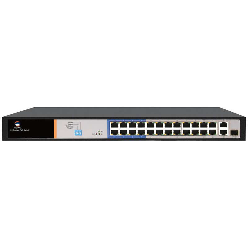 Scoop 24 Port Fast Ethernet AI PoE 250W 2 Gigabit 1SFP Switch