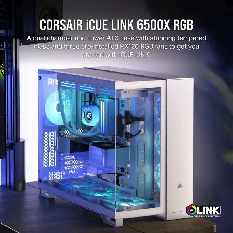 6500X RGB Mid-Tower White Dual Chamber PC Case; 2x 3.5'' |  2x 2.5'' Drive Bays; 360mm Radiator c...