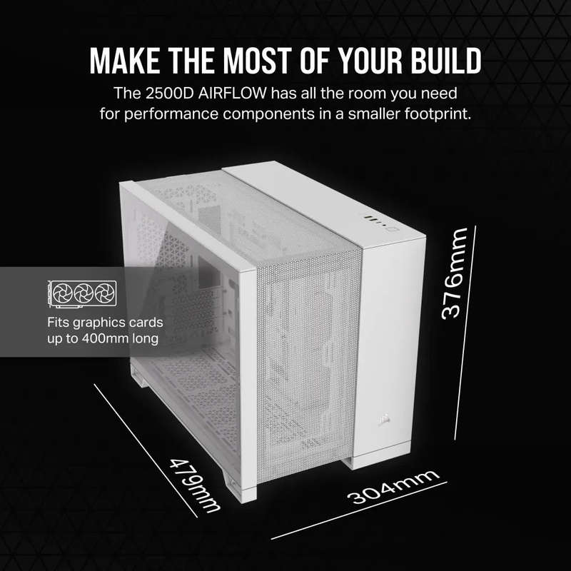 2500D Airflow White Mid-Tower Dual Chamber PC Case; 2x 3.5'' |  2x 2.5'' Drive Bays; Up to 360mm ...