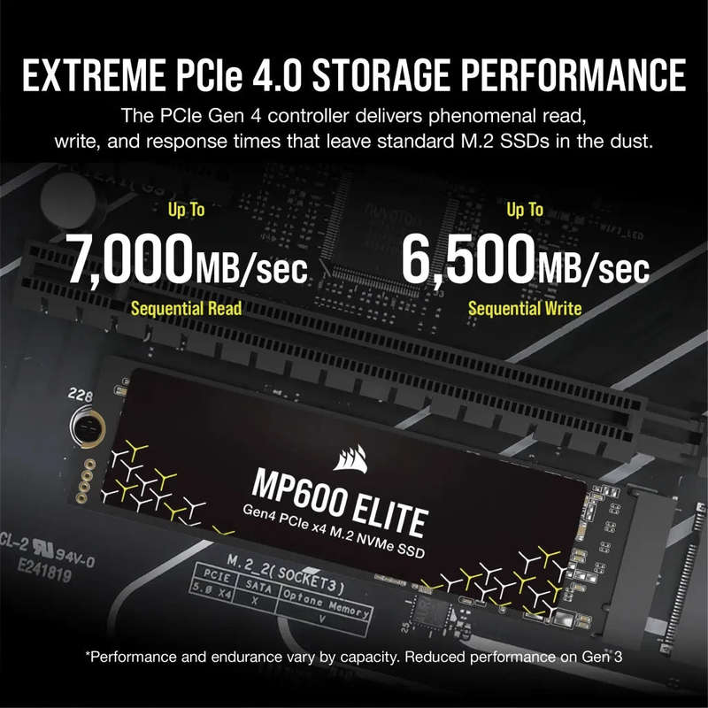Corsair MP600 ELITE 2TB Gen4 PCIe x4 NVMe M.2 SSD (no heatsink); Read Up To 7000MB/s; Write up to...