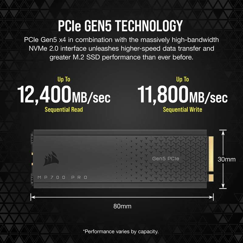 Corsair MP700 PRO 2TB M.2 NVMe PCIe Gen. 5 x4 SSD with Cooler; Read Up To 12 400MB/s; Write up to...
