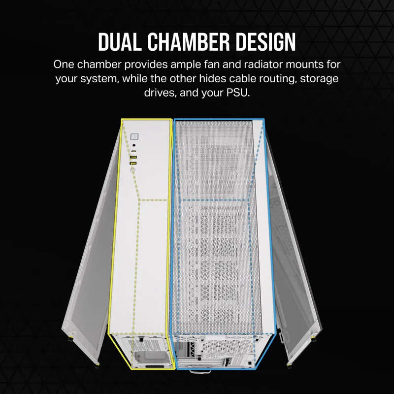 2500D Airflow White Mid-Tower Dual Chamber PC Case; 2x 3.5'' |  2x 2.5'' Drive Bays; Up to 360mm ...