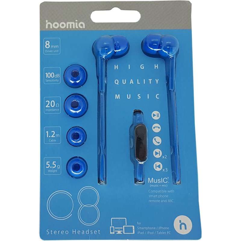 STEREO EARPHONE + MIC BLUE 1.2M