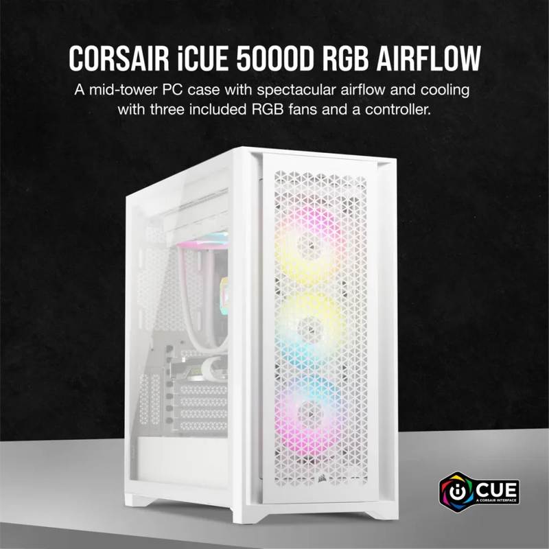 5000D RGB Airflow White Tempered Glass Mid Tower; 2x 3.5'' |  4x 2.5'' Drive Bays; Up to 360mm Ra...