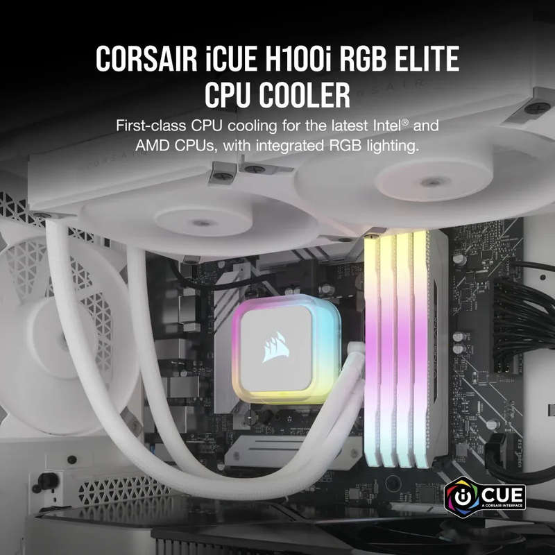 Corsair iCUE H100i ELITE RGB 240mm Liquid CPU Cooler - White AMD: AM5; AM4; sTRX4; sTR4 | Intel L...