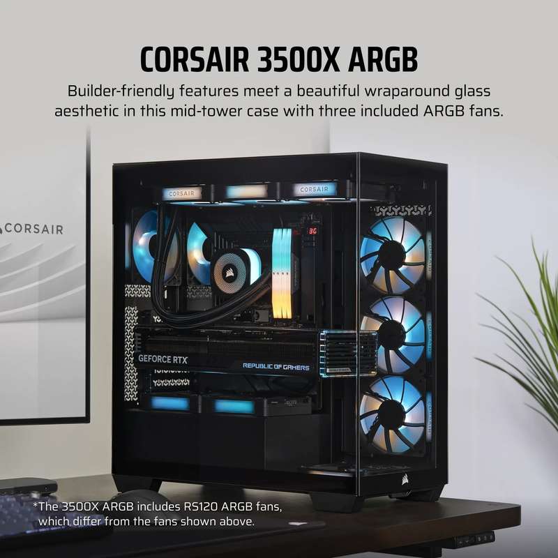 3500X RGB Mid-Tower Black PC Case; 2x 3.5'' |  2x 2.5'' Drive Bays; Up to 360mm Radiator compatib...