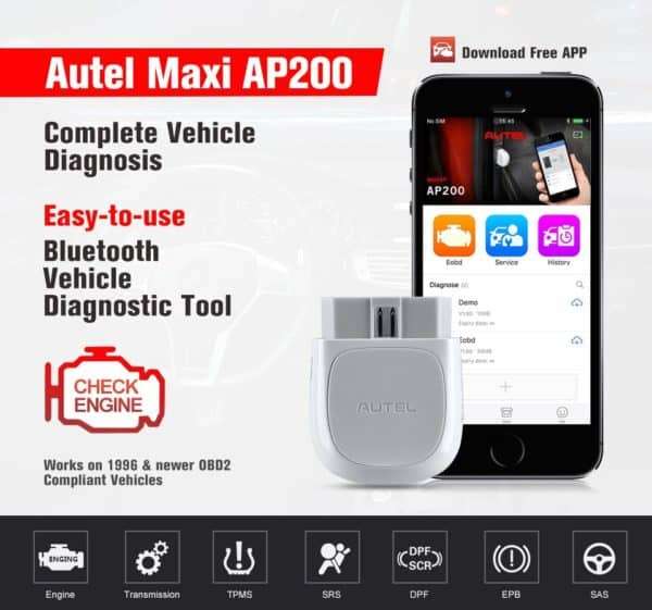 Autel MaxiAP AP200 Bluetooth Vehicle Diagnostic Tool - Full-System Diagnosis for Over 50 Vehicle ...