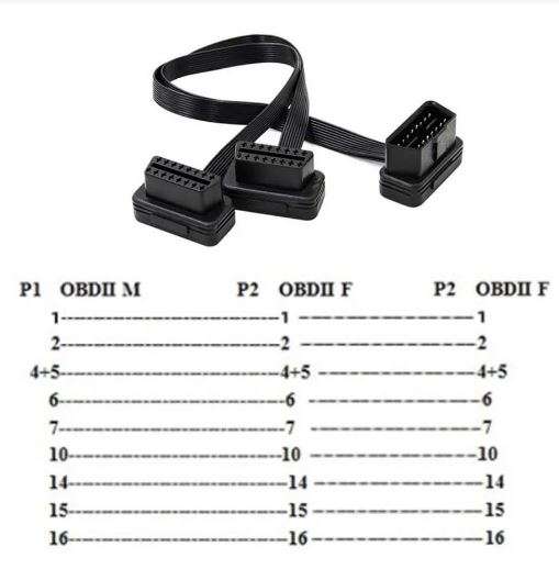 30CM Dual Female to Male Y Splitter 16Pin OBD2 Extender