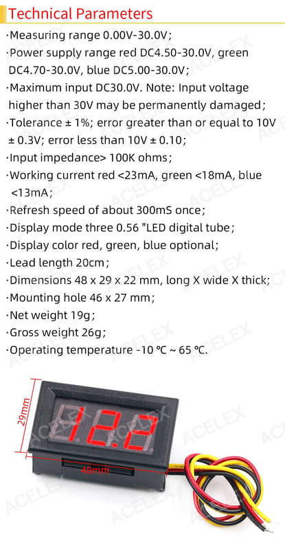 4.5 to 30v DC 0.56 Inch Mini Blue LED Display Panel Voltage Meter
