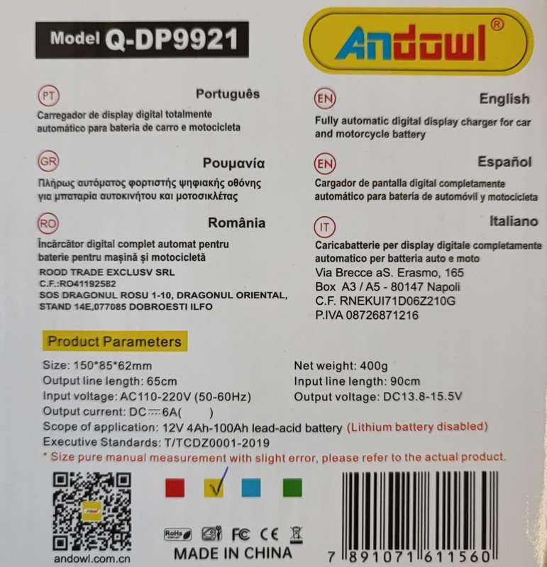 Andowl Q-DP9921 12V Intelligent Rapid Battery Charger - Fast and Efficient Charging