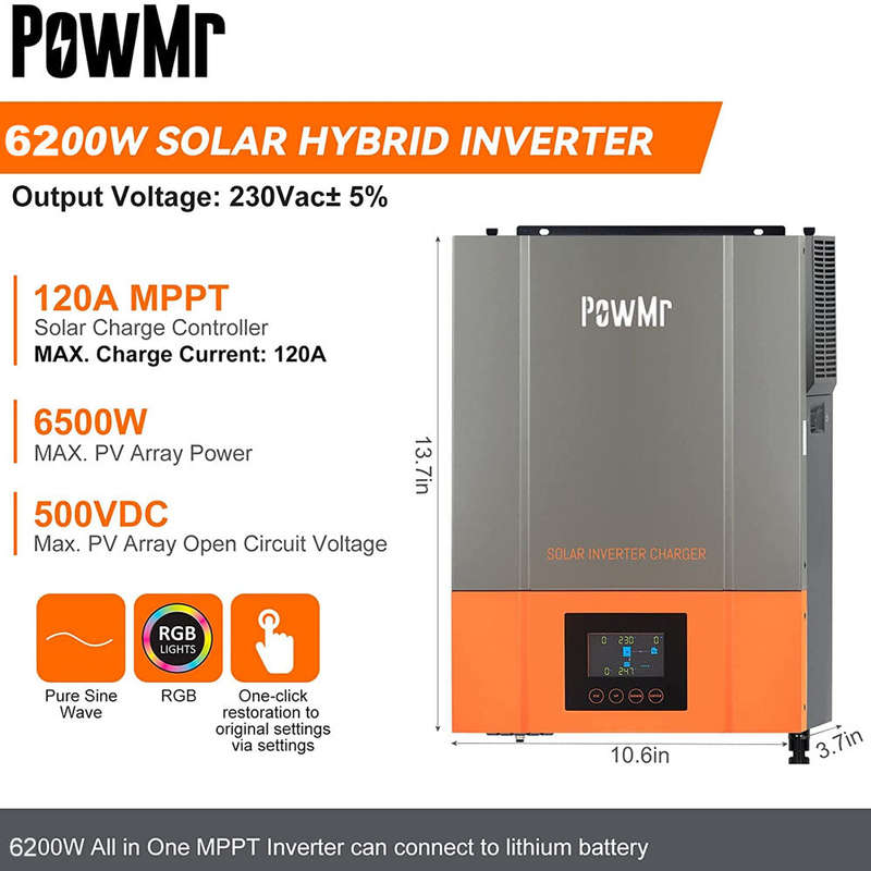 PowMr 6.2KW 48v 120Amp MPPT Pure Sine Hybrid Solar Inverter
