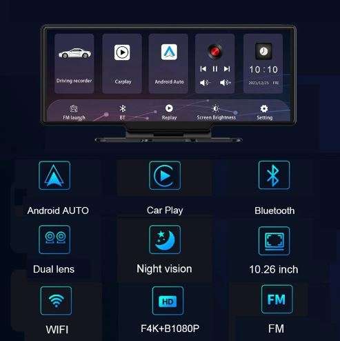 10.26" Apple Carplay Wireless Bluetooth Android Auto WiFi Car DVR Multimedia Player