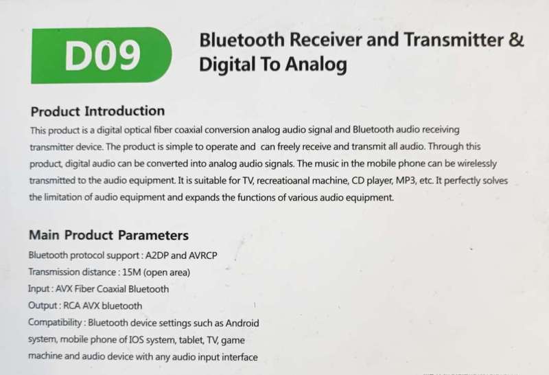 D09 Wireless Bluetooth Receiver/Transmitter and Digital to Analog Converter - Stream Music Wirele...