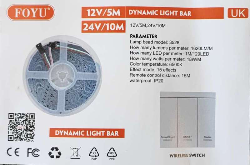 FOYU 12vDC 5m Wireless Remote Controlled Cool White LED Light Strip Kit - Adjustable Brightness a...