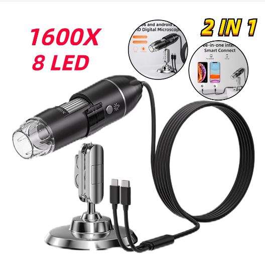 Digital Microscope 2 IN 1 1600X Magnification Camera with 8 LEDs and Stand - Explore the Microsco...
