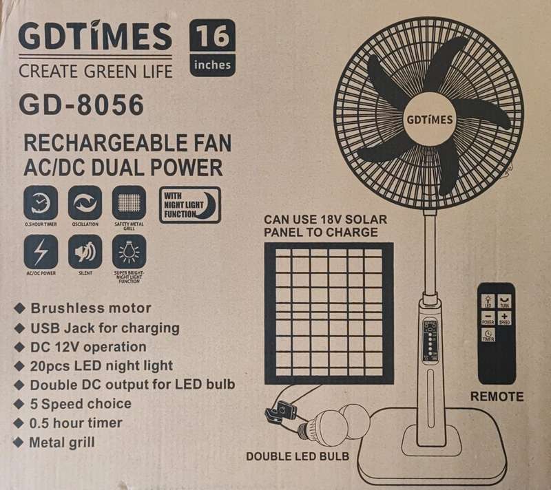 DEMO GDTIMES 16Inch Solar Rechargeable Fan and LED Light Kit - Stay Cool Anywhere