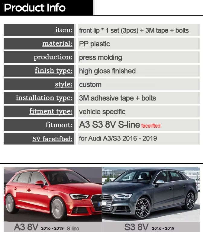 3Pc Carbon Fiber Printing Gloss Black Front Bumper Lip Spoiler for Audi A3/S3 8V Facelifted 2016 ...