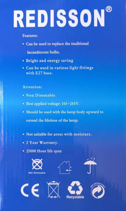 REDISSON B-Series GFS 220v AC 105Watt B22 (Push and Twist Type) 6500K Cool White LED Bulb