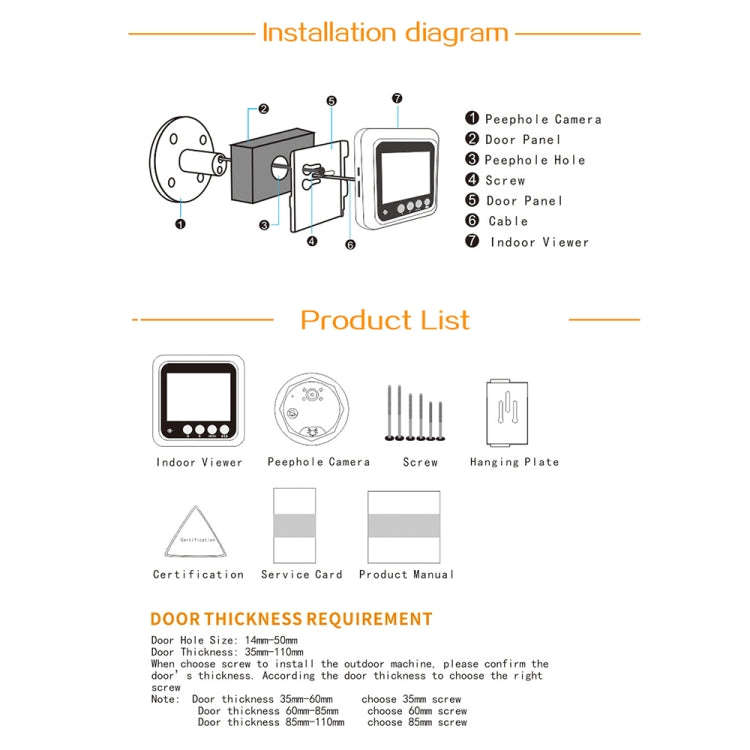 W5 2.4 inch Screen 2.0MP Security Camera No Disturb Peephole Viewer Doorbell, Support TF Card / N...