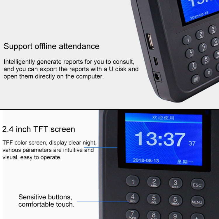 F01 Fingerprint Time Attendance Machine with 2.4 inch TFT Screen, EU Plug