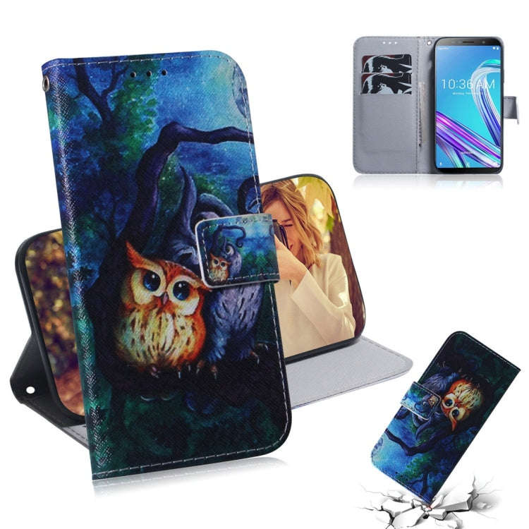 Oil Painting Owl Pattern Coloured Drawing Horizontal Flip Leather Case for Asus Zenfone Max Pro (...
