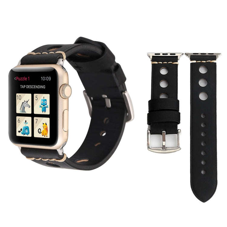 For Apple Watch Series 7 45mm / 6 & SE & 5 & 4 44mm / 42mm 3 & 2 & 1 Retro Hole Genuine Leather W...