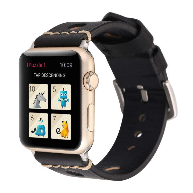 For Apple Watch Series 7 45mm / 6 & SE & 5 & 4 44mm / 42mm 3 & 2 & 1 Retro Hole Genuine Leather W...