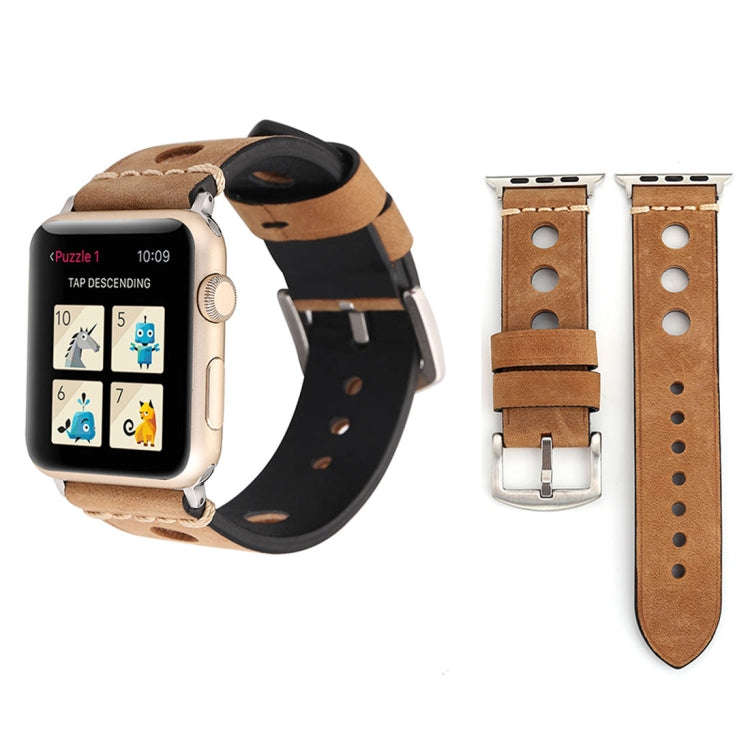 For Apple Watch Series 7 45mm / 6 & SE & 5 & 4 44mm / 42mm 3 & 2 & 1 Retro Hole Genuine Leather W...
