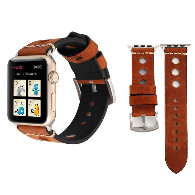 For Apple Watch Series 7 45mm / 6 & SE & 5 & 4 44mm / 42mm 3 & 2 & 1 Retro Hole Genuine Leather W...