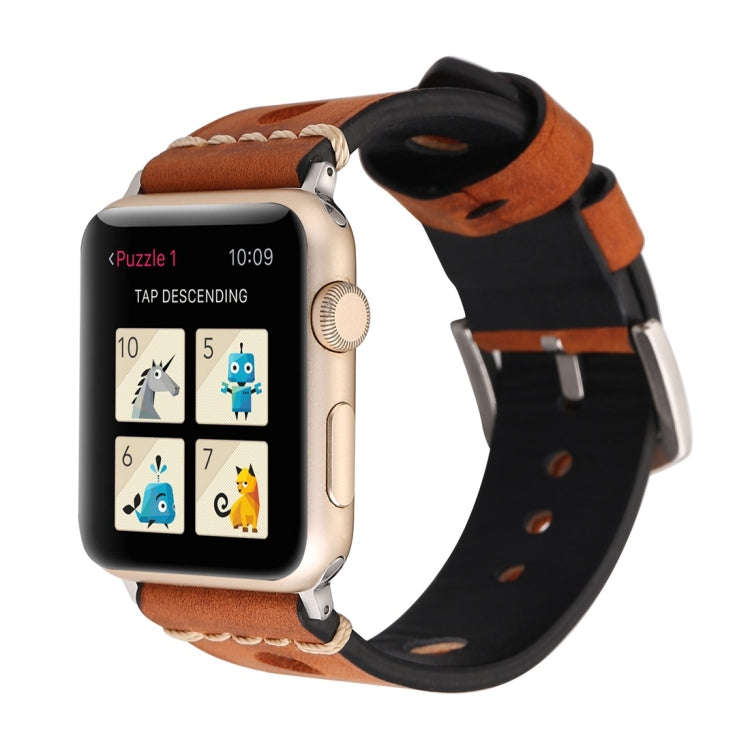 For Apple Watch Series 7 45mm / 6 & SE & 5 & 4 44mm / 42mm 3 & 2 & 1 Retro Hole Genuine Leather W...
