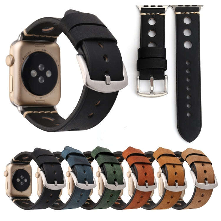 For Apple Watch Series 7 45mm / 6 & SE & 5 & 4 44mm / 42mm 3 & 2 & 1 Retro Hole Genuine Leather W...