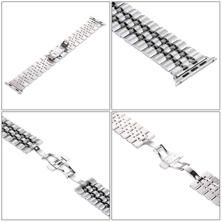 22mm Men Hidden Butterfly Buckle 7 Beads Stainless Steel Watch Band For Apple Watch 38mm(Silver+B...