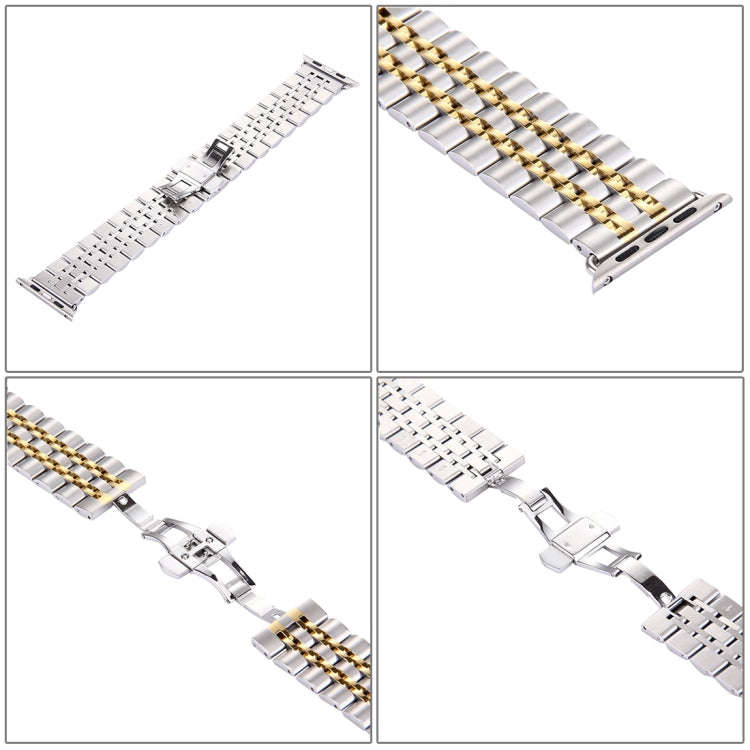 22mm Men Hidden Butterfly Buckle 7 Beads Stainless Steel Watch Band For Apple Watch 38mm(Silver G...