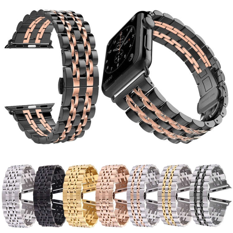 22mm Men Hidden Butterfly Buckle 7 Beads Stainless Steel Watch Band For Apple Watch 38mm(Gold)