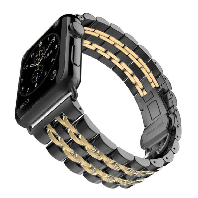 22mm Men Hidden Butterfly Buckle 7 Beads Stainless Steel Watch Band For Apple Watch 42mm(Black Gold)