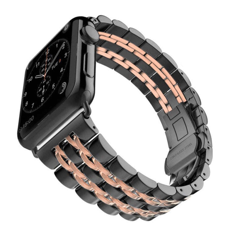 22mm Men Hidden Butterfly Buckle 7 Beads Stainless Steel Watch Band For Apple Watch 42mm(Black+Ro...