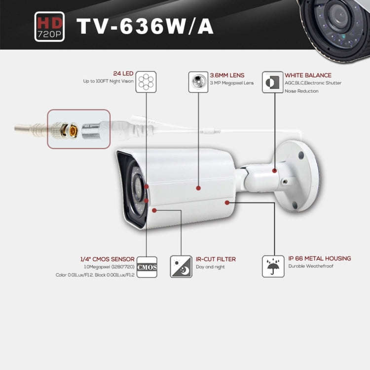 636A CE & RoHS Certificated Waterproof  3.6mm 3MP Lens AHD Camera with 24 IR LED, Support Night V...