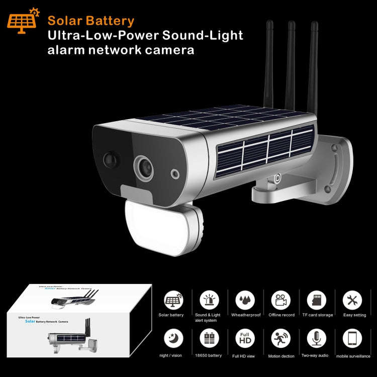 T8 1080P Full HD Solar Battery Ultra Low Power Sound Light Alarm Network Camera, Support Motion D...