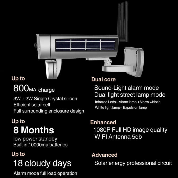 T8 1080P Full HD Solar Battery Ultra Low Power Sound Light Alarm Network Camera, Support Motion D...