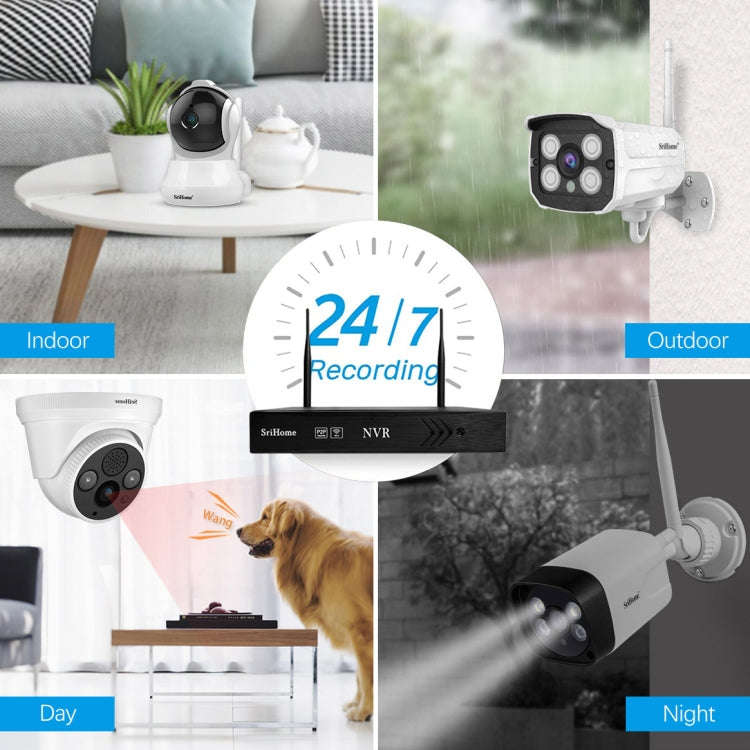 SriHome NVS001+IPC024 1080P 4-Channel NVR Kit Wireless Security Camera System, Support Humanoid D...