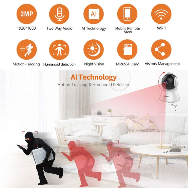 SriHome SH025 2.0 Million Pixels 1080P HD AI Auto-tracking IP Camera, Support Two Way Audio / Mot...