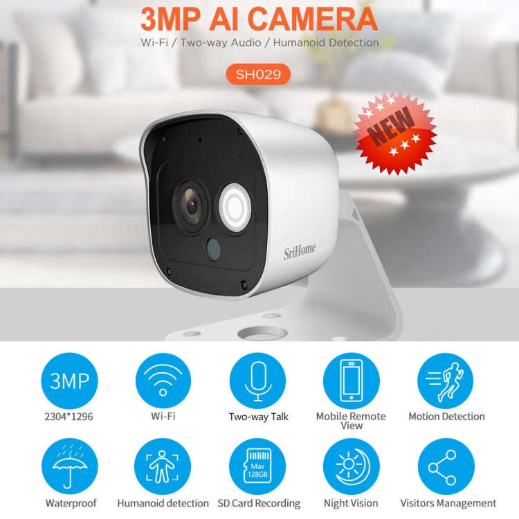 SriHome SH029 3.0 Million Pixels 1296P HD AI Camera, Support Two Way Talk / Motion Detection / Hu...