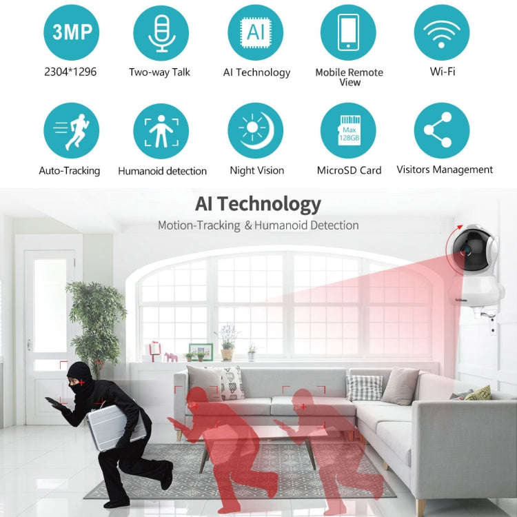 SriHome SH020 3.0 Million Pixels 1296P HD AI IP Camera, Support Two Way Talk / Auto Tracking / Hu...