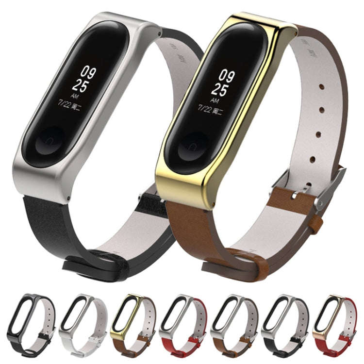 Mijobs Screwless Metal Case PU Leather Watch Band for Xiaomi Mi Band 3 & 4 & 5 & 6, Host not Incl...
