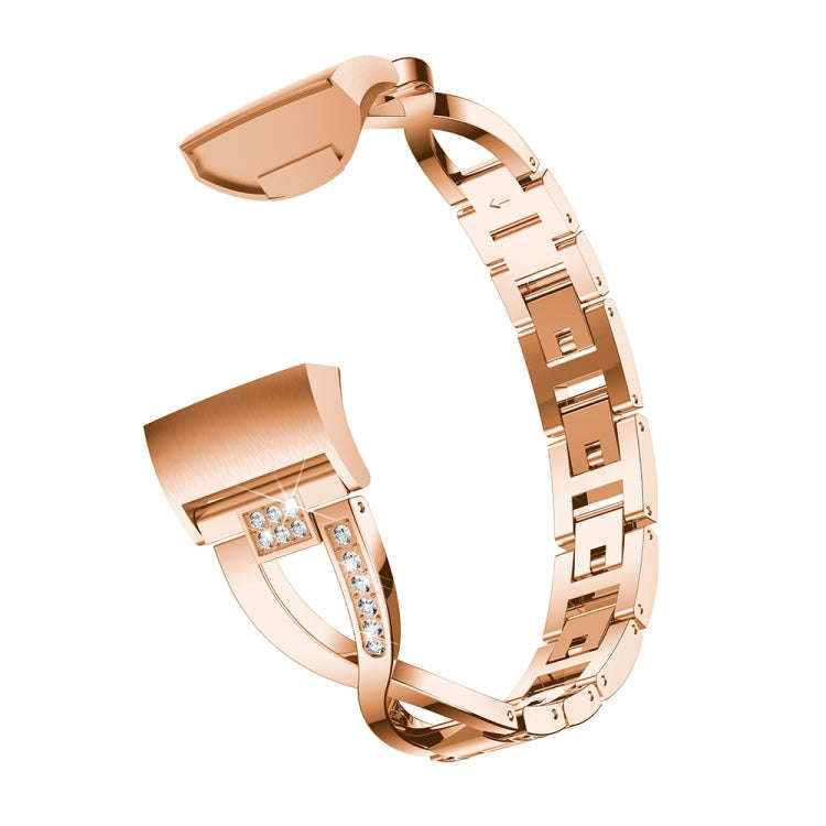 X-shaped Diamond-studded Metal Steel Watch Band for Fitbit Charge 3(Rose Gold)