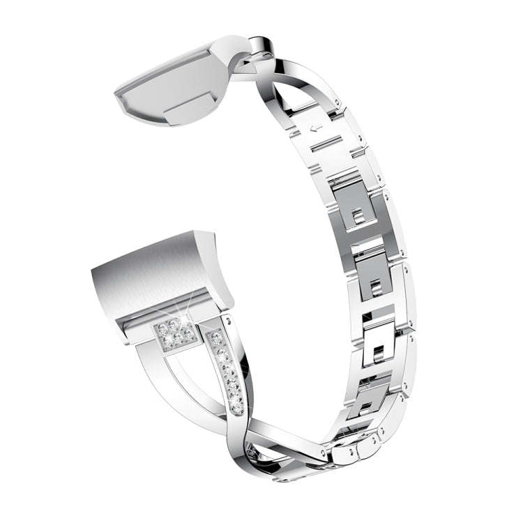 X-shaped Diamond-studded Metal Steel Watch Band for Fitbit Charge 3(Silver)